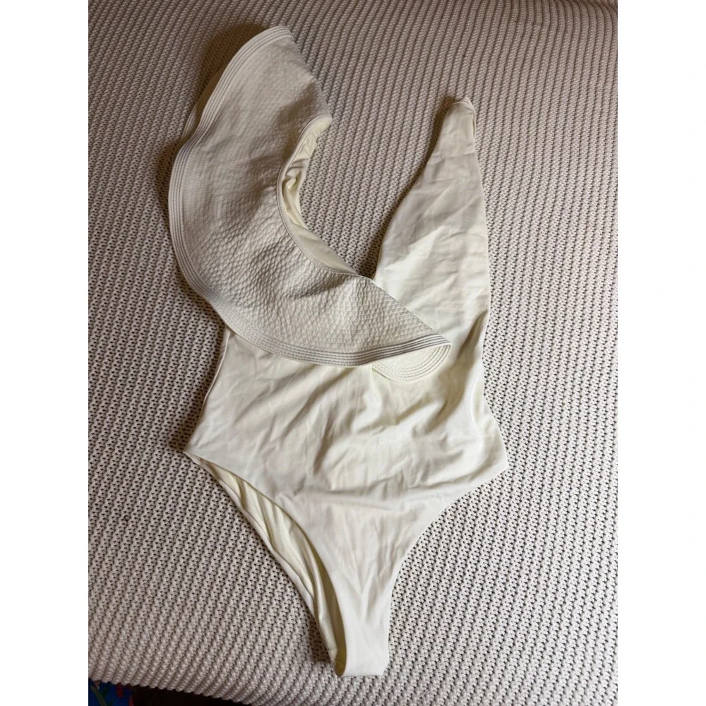 Johanna Ortiz Cream Ruffle One Piece Swimsuit Deep V Neck Resortwear Small
